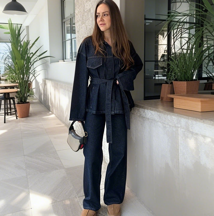 Damen weite Jeans mit hochtailliertem Schnitt und klassischen Taschen Drune