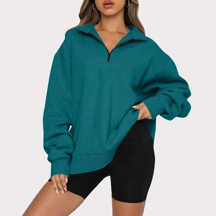 Damen nan oversized Sweatshirt mit halbem Reißverschluss, weichem Fleece-Innenfutter und Kängurutasche Drune