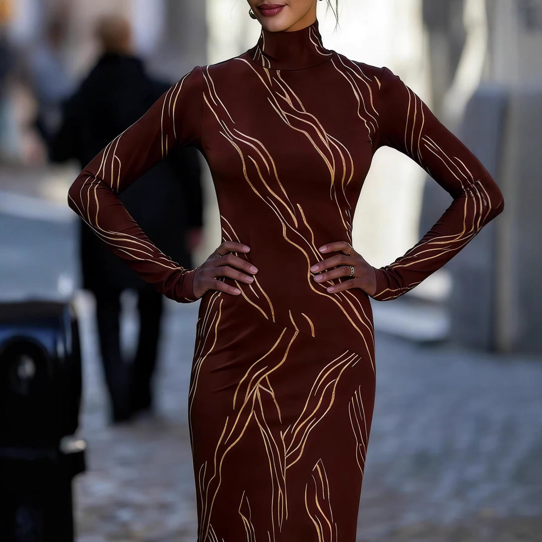 Damen elegantes Midikleid aus elastischem Jersey mit dekorativem Muster Drune