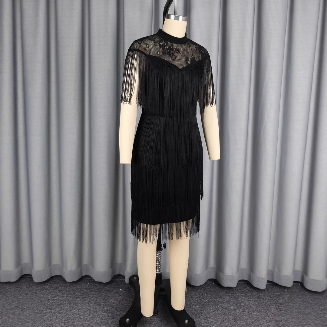 Damen Kleid mit fransierenden Details und eleganter Spitzeneinlage Drune