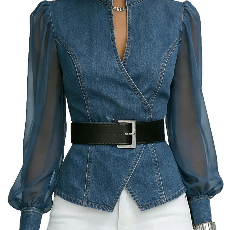 Damen Jeansbluse mit transparenten Ärmeln und tailliertem Design Drune