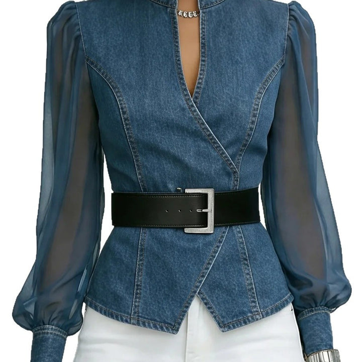 Damen Jeansbluse mit transparenten Ärmeln und tailliertem Design Drune