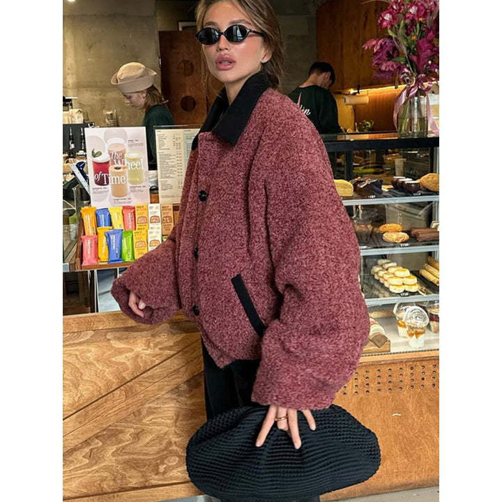 Damen Oversize Strickjacke mit hohem Kragen und Knopfdetails Drune