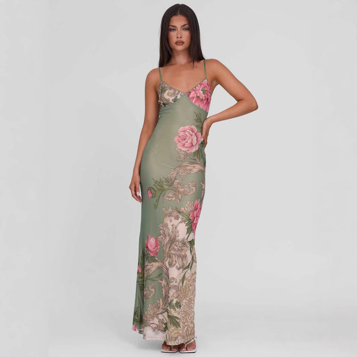 Damen nan eng anliegendes Jersey-Slipkleid mit V-Ausschnitt, Spaghettiträgern und Blumen-Leo-Print Drune
