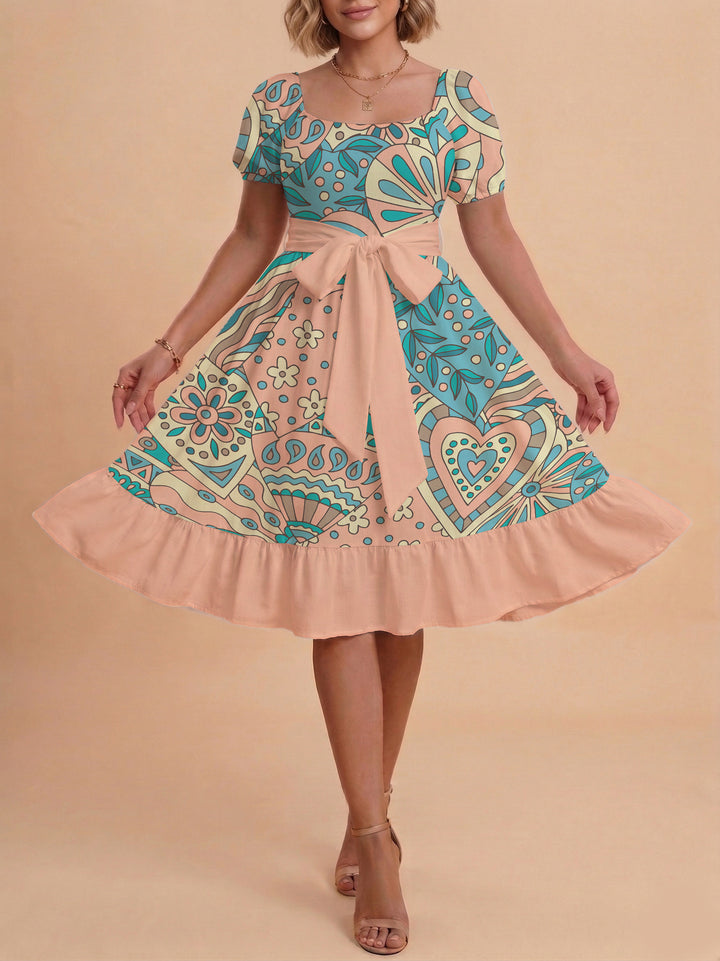 Damen elegantes Maxikleid mit floralem Design und Taillengürtel Drune