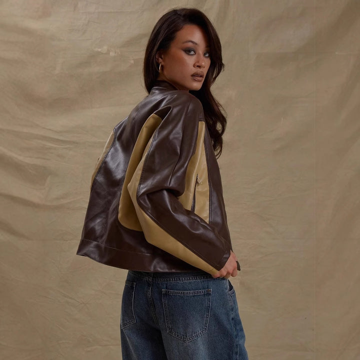 Damen modische Kunstlederjacke mit kontrastierenden Ärmeln Drune