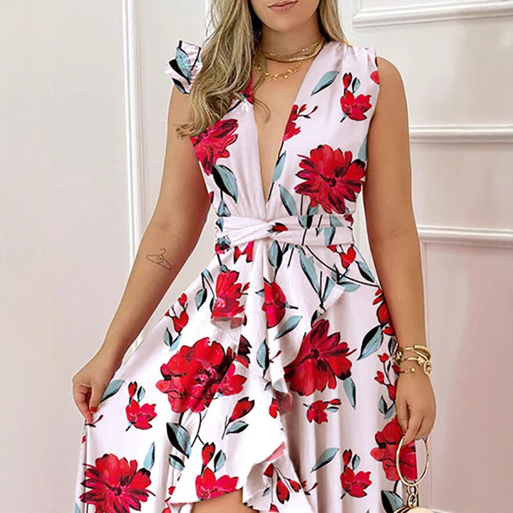 Damen Maxikleid mit auffälligem Palmenmuster und elegantem V-Ausschnitt Drune