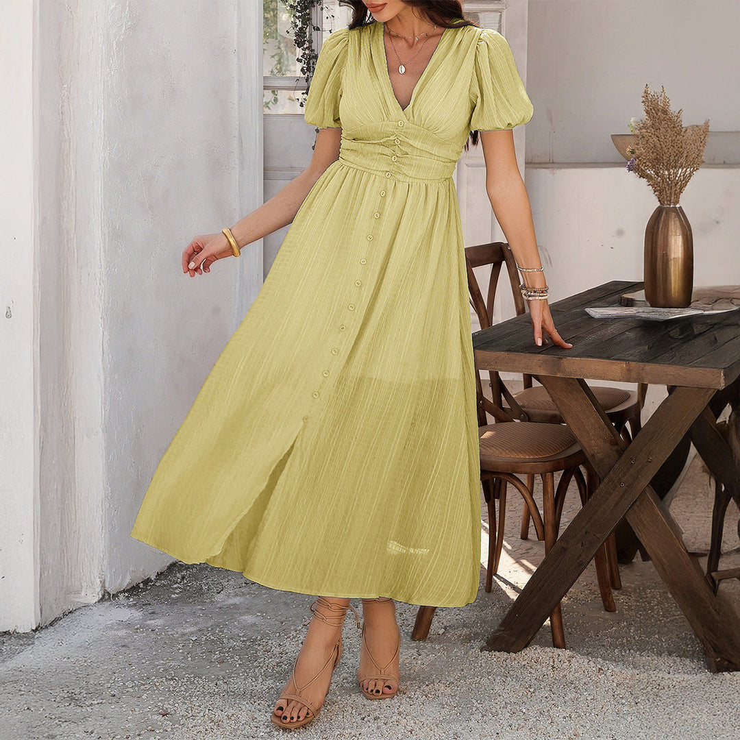 Damen Maxikleid mit V-Ausschnitt und luftigen Puffärmeln Drune