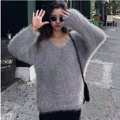 Damen kuscheliger V-Ausschnitt Pullover mit weich flauschiger Textur Drune