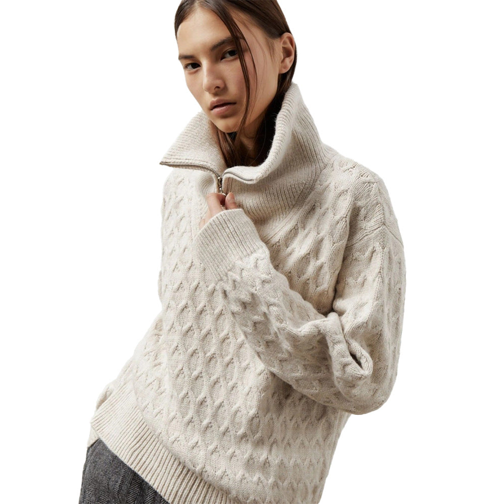 Damen Gemusterter Pullover mit hohem Kragen und Reißverschluss Drune