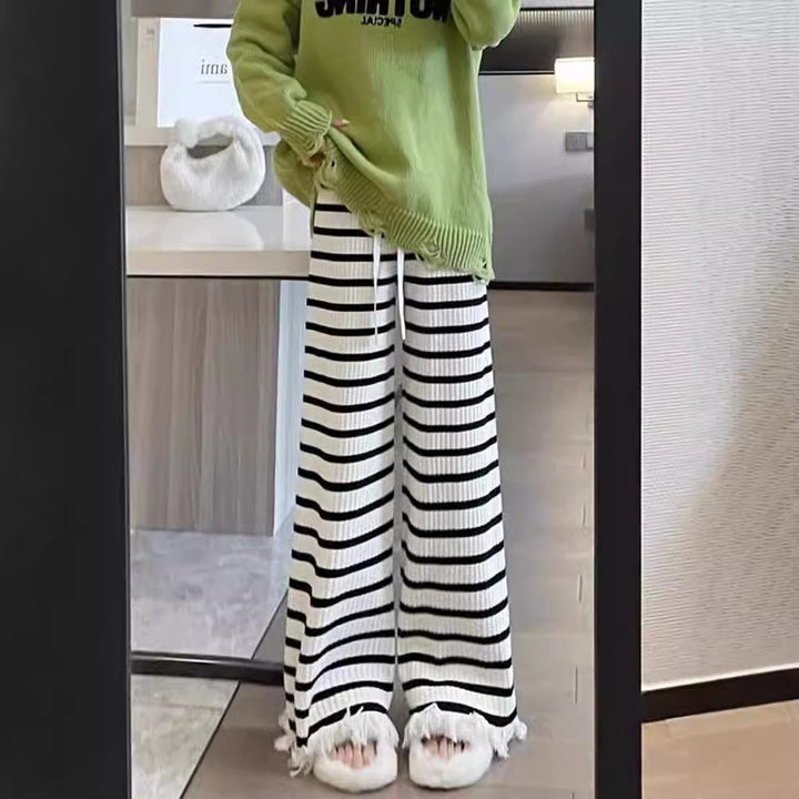 Damen Elegante gestreifte Palazzo-Hosen aus Rippstrick Drune