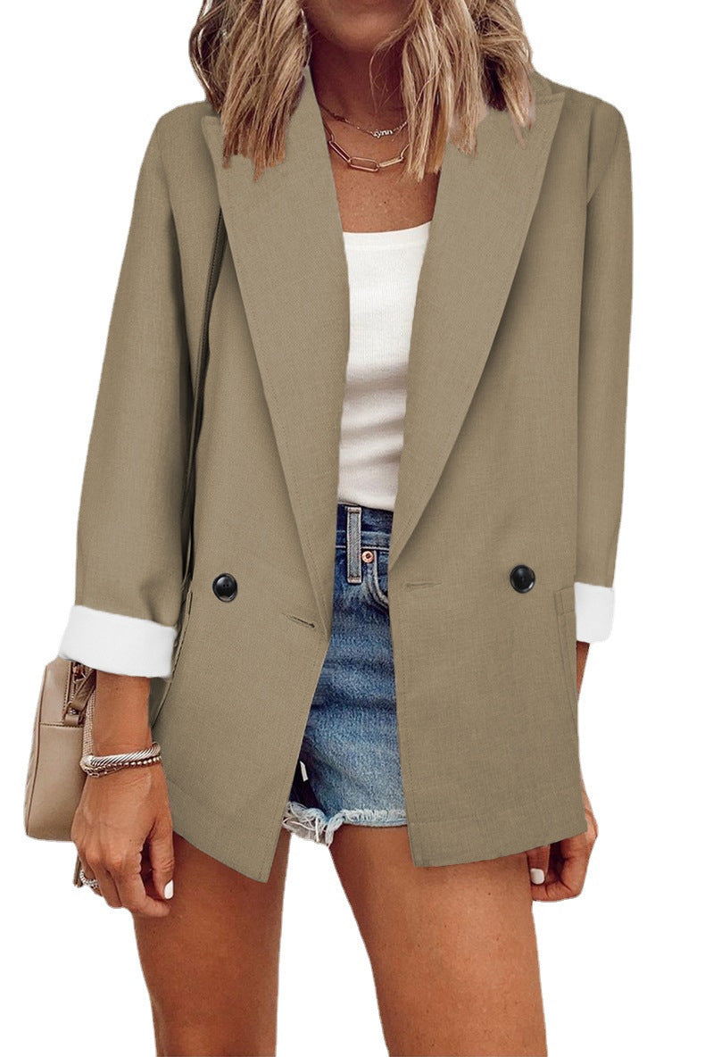 Damen eleganter Oversize-Blazer mit doppelter Knopfleiste und kontrastierenden Ärmeln Drune