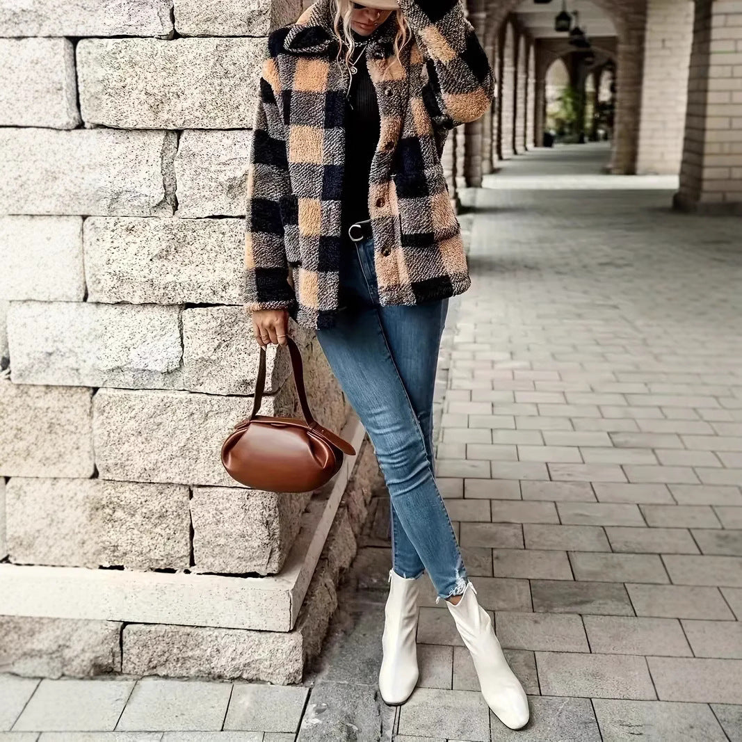 Damen Kuschelige Karofleecejacke im Casual-Stil Drune