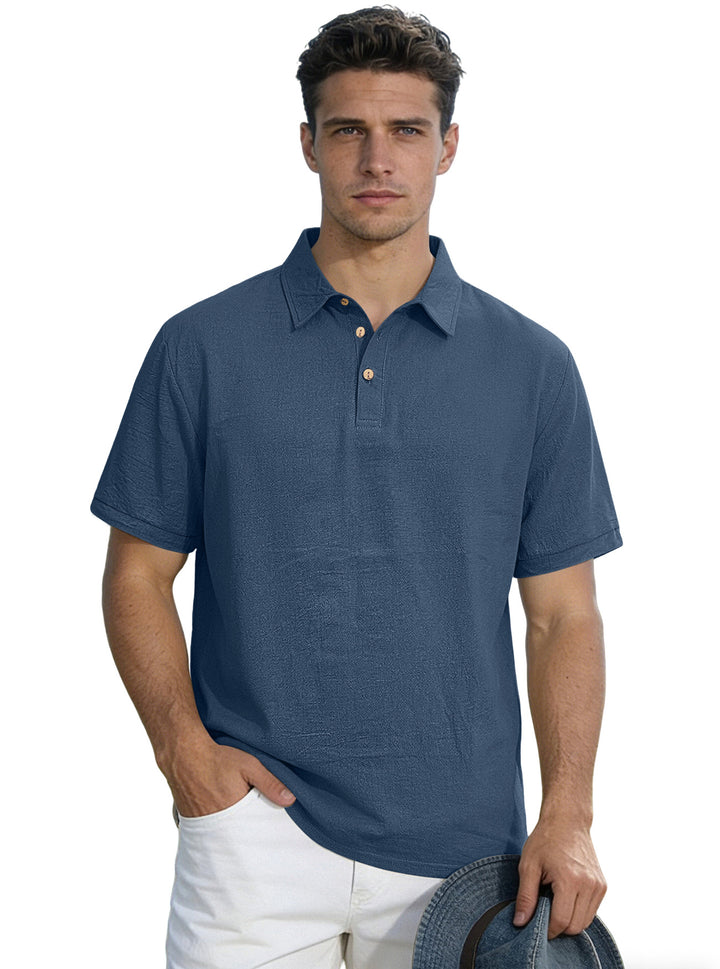 Herren nan legeres Kurzarm-Polo mit Hemdkragen, Kurzknopfleiste und strukturierter Baumwollmischung Drune