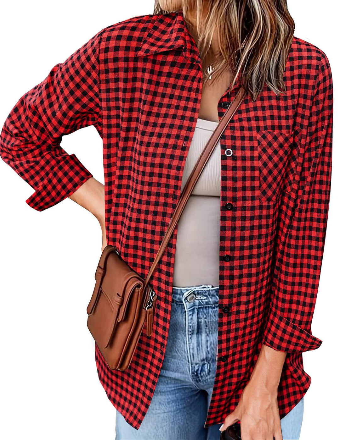 Femme Button-Up Gingham Check Shirt Drune