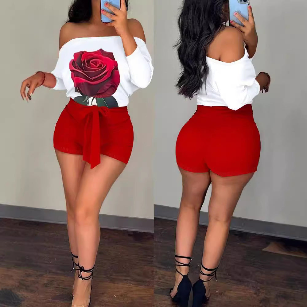 Damen Off-Shoulder Oberteil mit floraler Grafik und gestreifter Shorts Drune