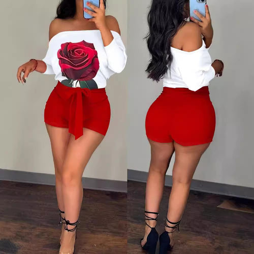 Damen Off-Shoulder Oberteil mit floraler Grafik und gestreifter Shorts Drune