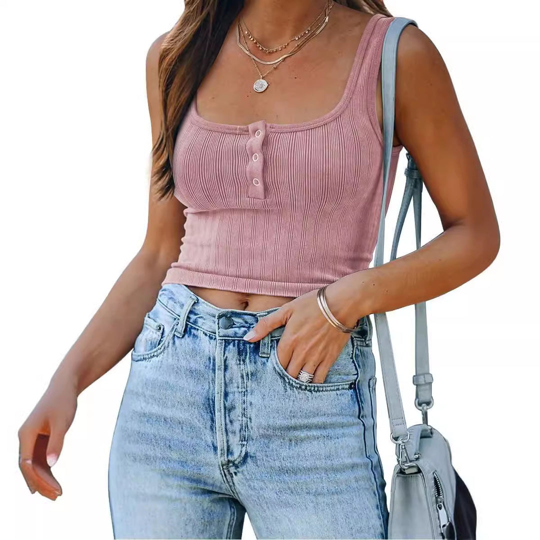 Damen figurbetontes Tanktop mit Knopfdetails und Rippenstruktur Drune