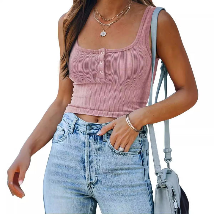 Damen figurbetontes Tanktop mit Knopfdetails und Rippenstruktur Drune