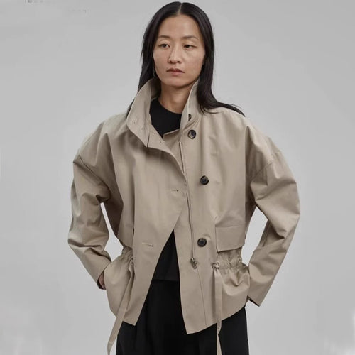 Damen Modische Übergangsjacke mit Gürtel und Stehkragen Drune
