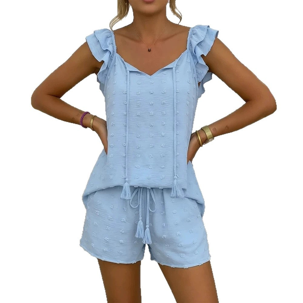 Damen luftiges Freizeit-Set mit Rüschen und Kordelzug Drune