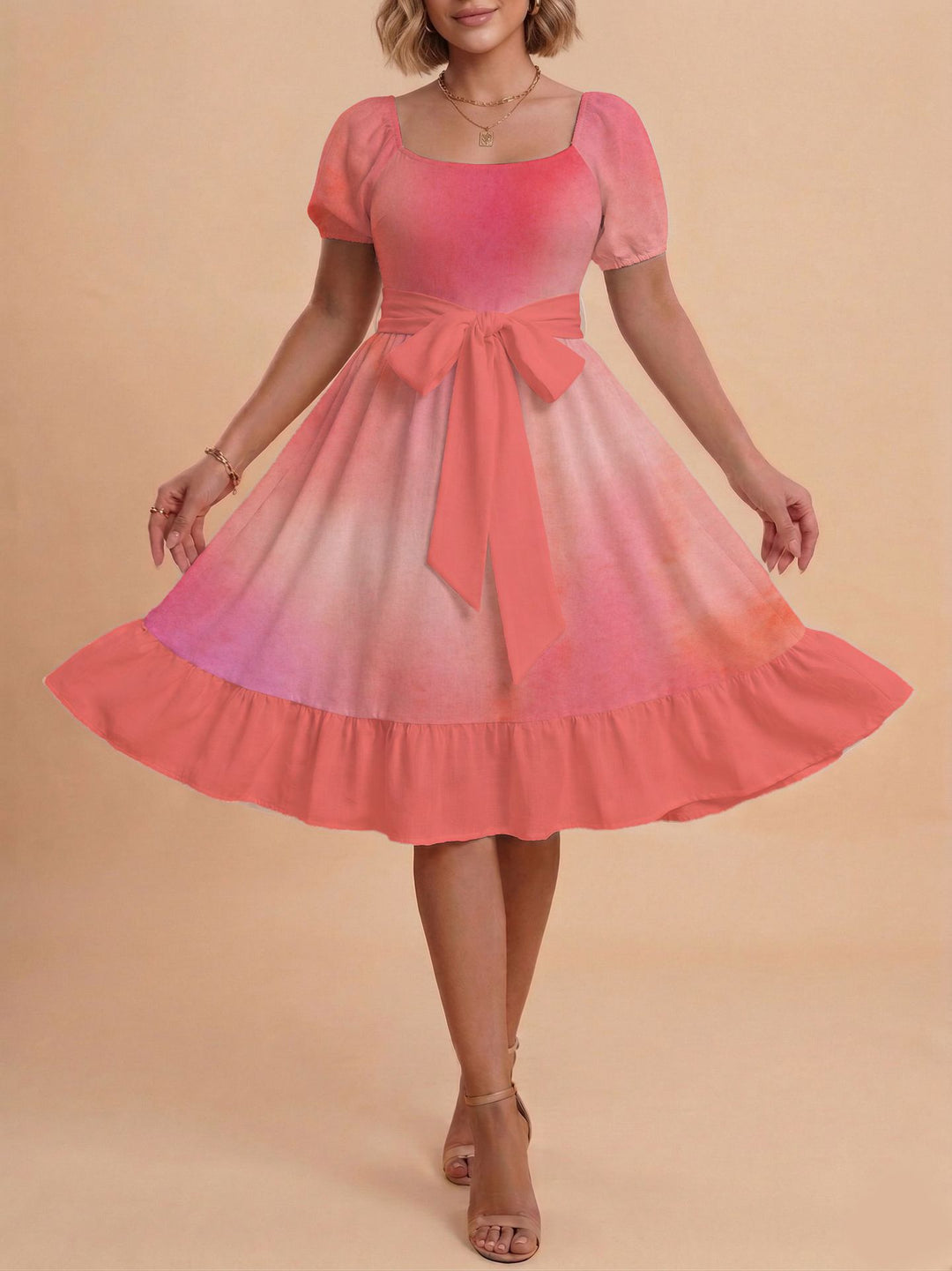 Damen Retro Maxikleid mit Puffärmeln und Taillengürtel Drune