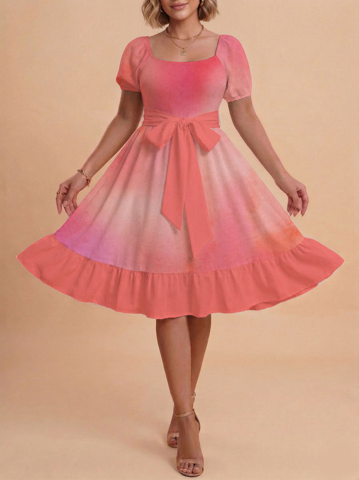 Damen Retro Maxikleid mit Puffärmeln und Taillengürtel Drune