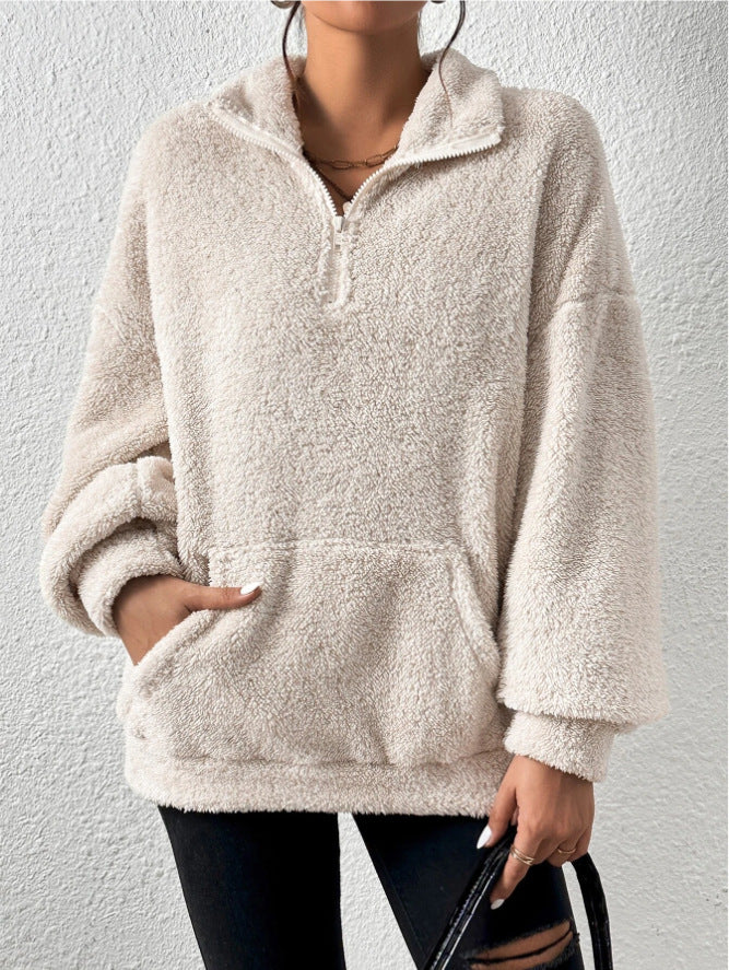 Drune Plüsch-Kängurutaschen-Stehkragen-Sweatshirt