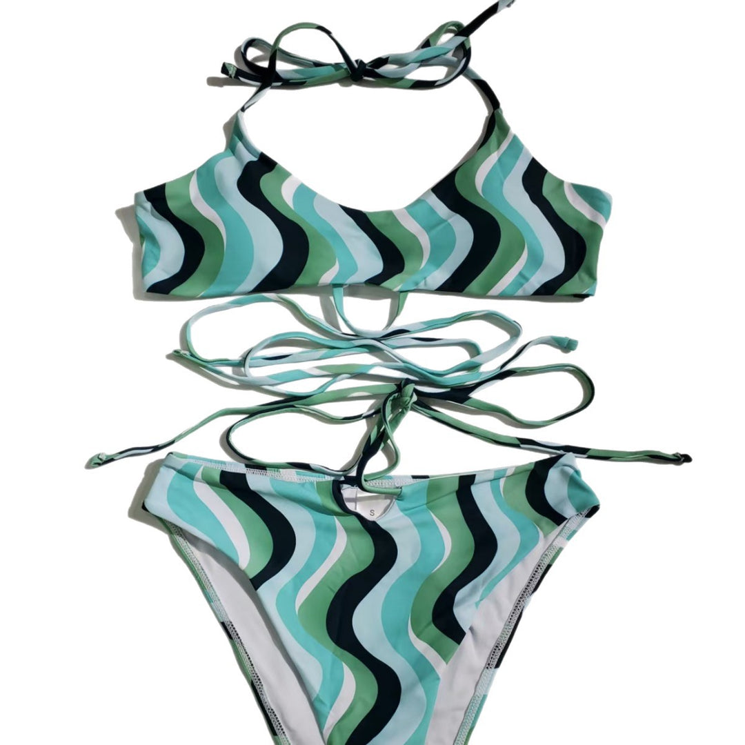 Damen Hoch geschnittener Bikini mit raffiniertem Wellenmuster Drune