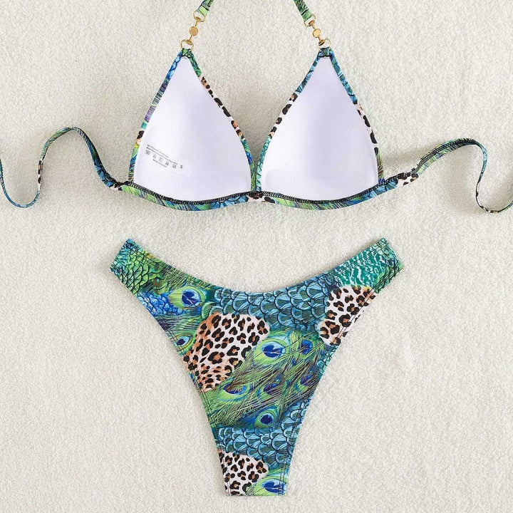 Damen Triangel-Bikini mit lebendigem Tier- und Pfauenmotiv Drune
