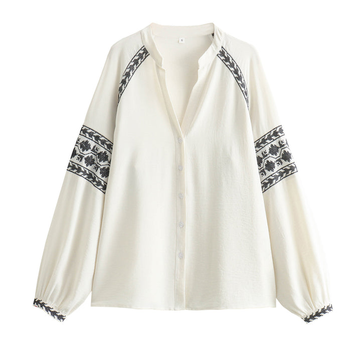 Damen bestickte Bluse mit modernen Puffärmeln und elegantem Stehkragen Drune