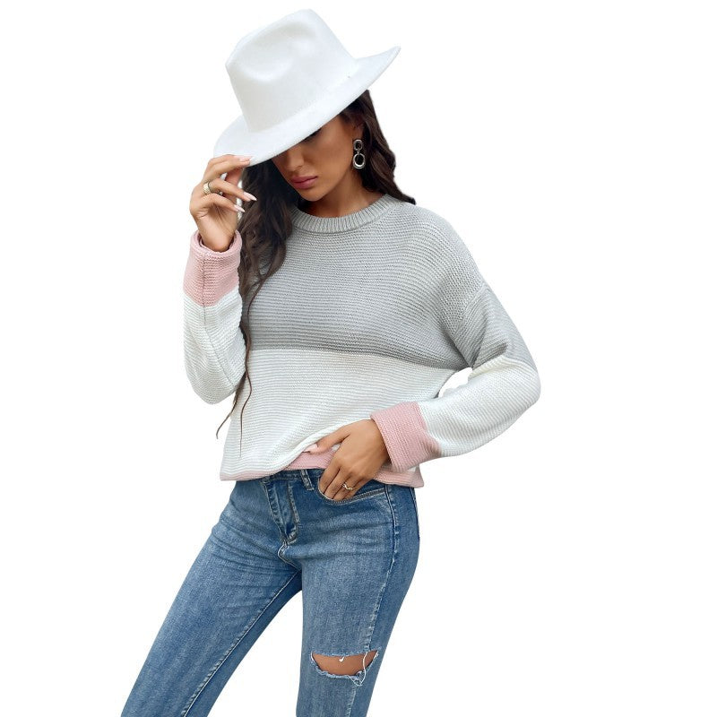 Damen lässiger Strickpullover mit Farbblock-Design und leichtem Rundhalsausschnitt Drune