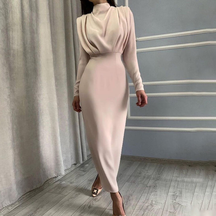 Damen elegantes Midi-Kleid mit hochgeschlossenem Design und Drapierungen Drune