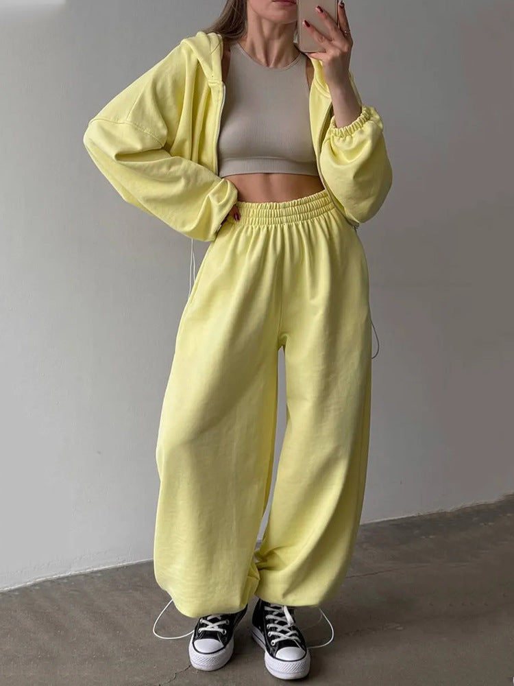Damen nan kurzes Reißverschluss-Cropped-Hoodie und weitgeschnittene Highwaist-Loungehose Set Drune