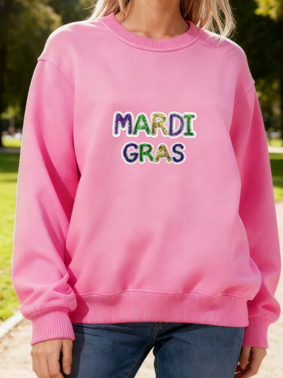 Damen Sweatshirt mit lebhaftem Mardi Gras Schriftzug Drune