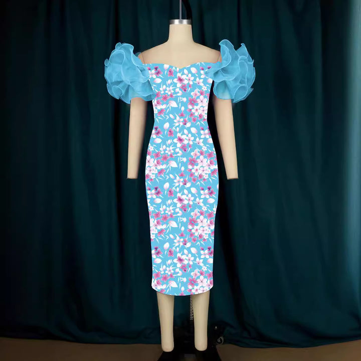 Damen Elegantes Midi-Kleid mit innovativen Puffärmeln und kunstvollem Druck Drune