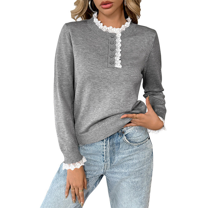 Damen modischer Pullover mit hochwertigem Rüschendetail und Knopfleiste Drune