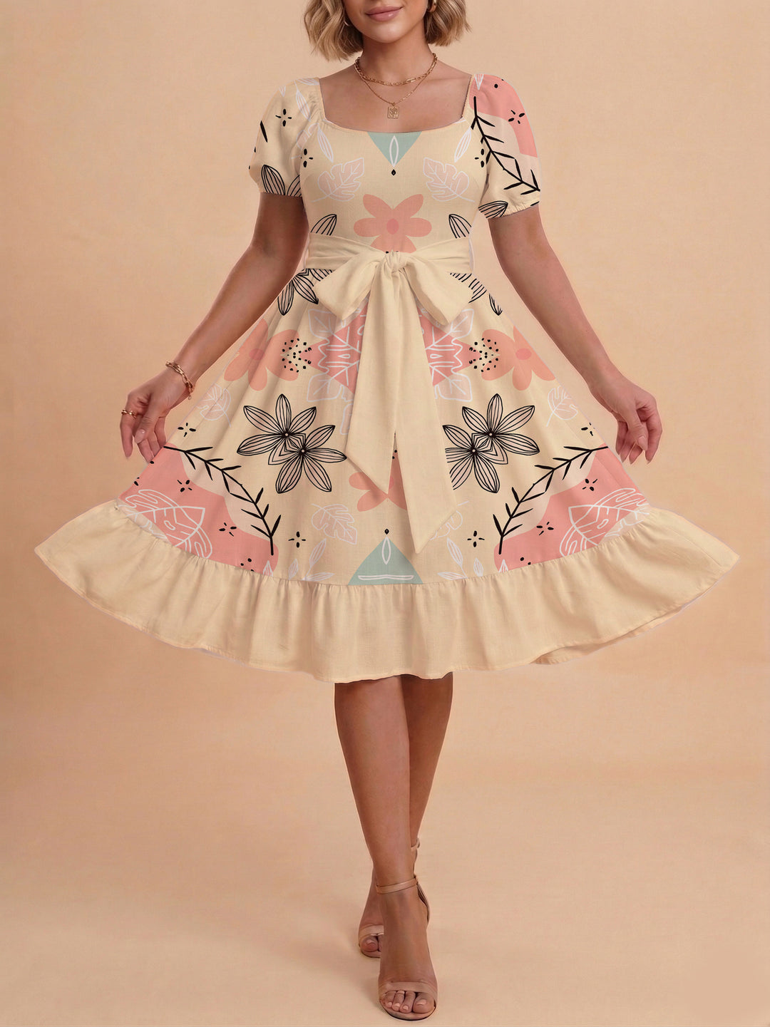 Damen Sommerkleid mit floralem Puffärmel und taillierbarem Gürtel Drune