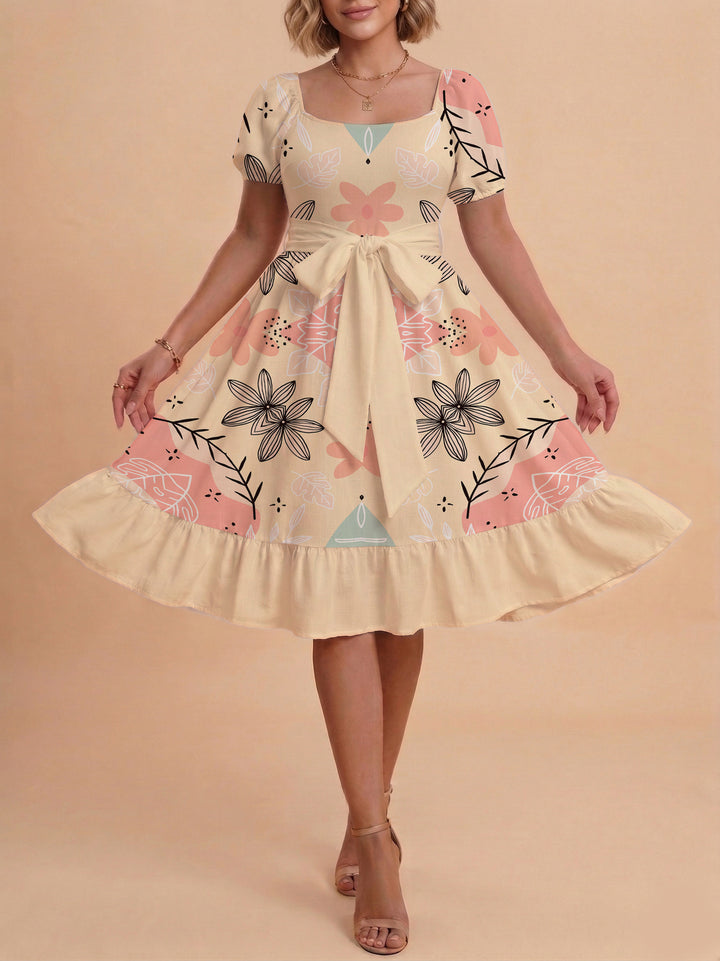 Damen Sommerkleid mit floralem Puffärmel und taillierbarem Gürtel Drune