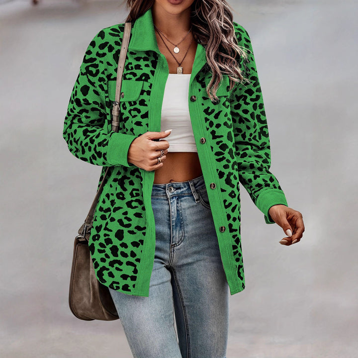 Damen Trendige Kordjacke mit Leo-Print und Brusttaschen Drune