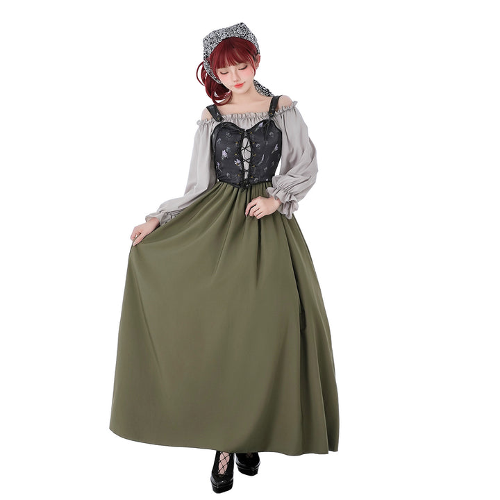 Damen nan Renaissance-inspiriertes Maxikleid mit Schnürkorsett und Carmenärmeln Drune