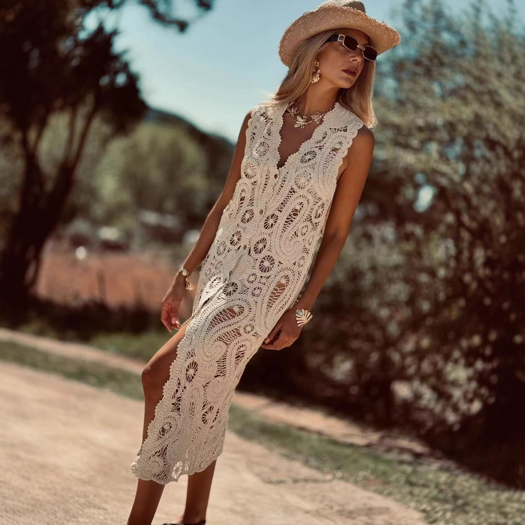 Damen Häkel-Überwurfkleid mit seitlichem Schlitz Drune