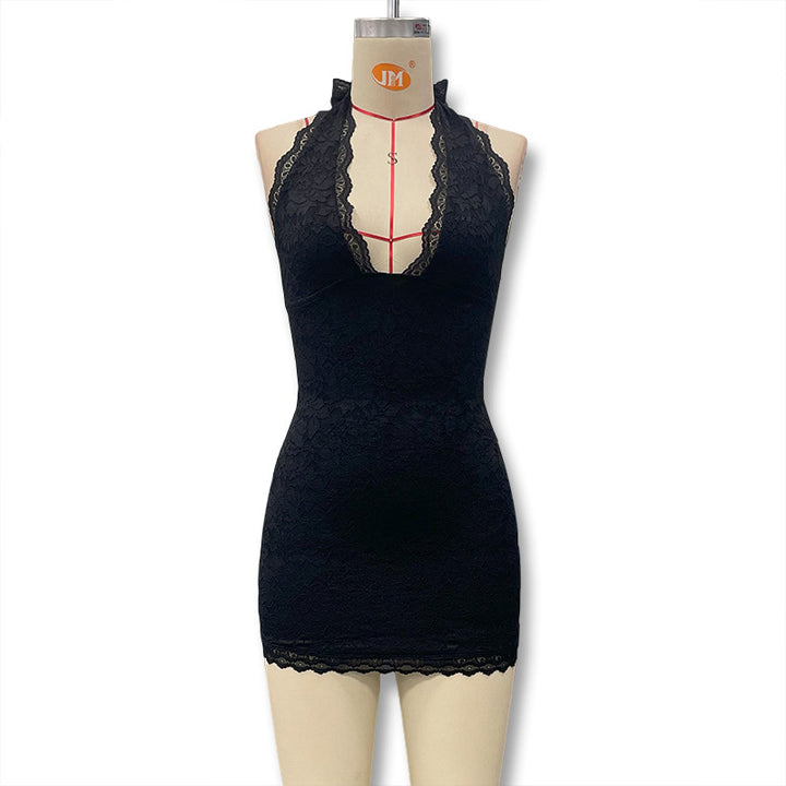 Damen Spitzenkleid mit tiefem Halterneck und figurbetontem Schnitt Drune