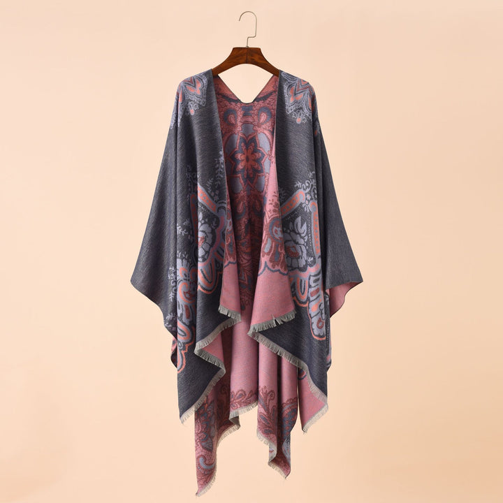 Damen Eleganter Kimono-Poncho mit kunstvollem Muster und fransigen Kanten Drune