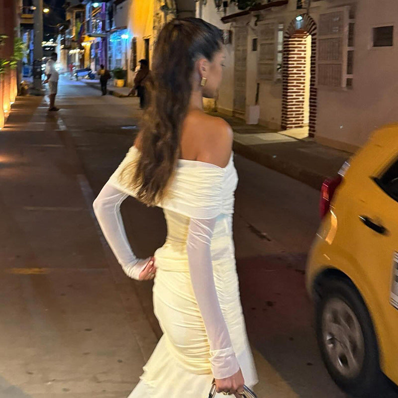 Damen Off-Shoulder Maxikleid mit Rüschendesign und figurformendem Schnitt Drune