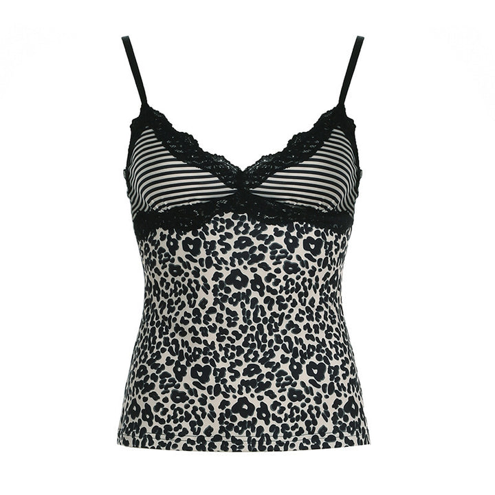 Damen Spaghetti-Trägertop mit elegantem Spitzenbesatz und modernem Leopardenmuster Drune