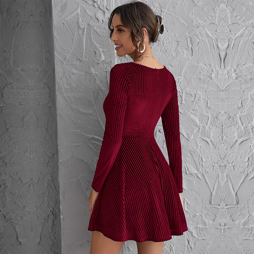 Damen Minikleid mit tiefem Quadrat-Ausschnitt und langen Ärmeln Drune