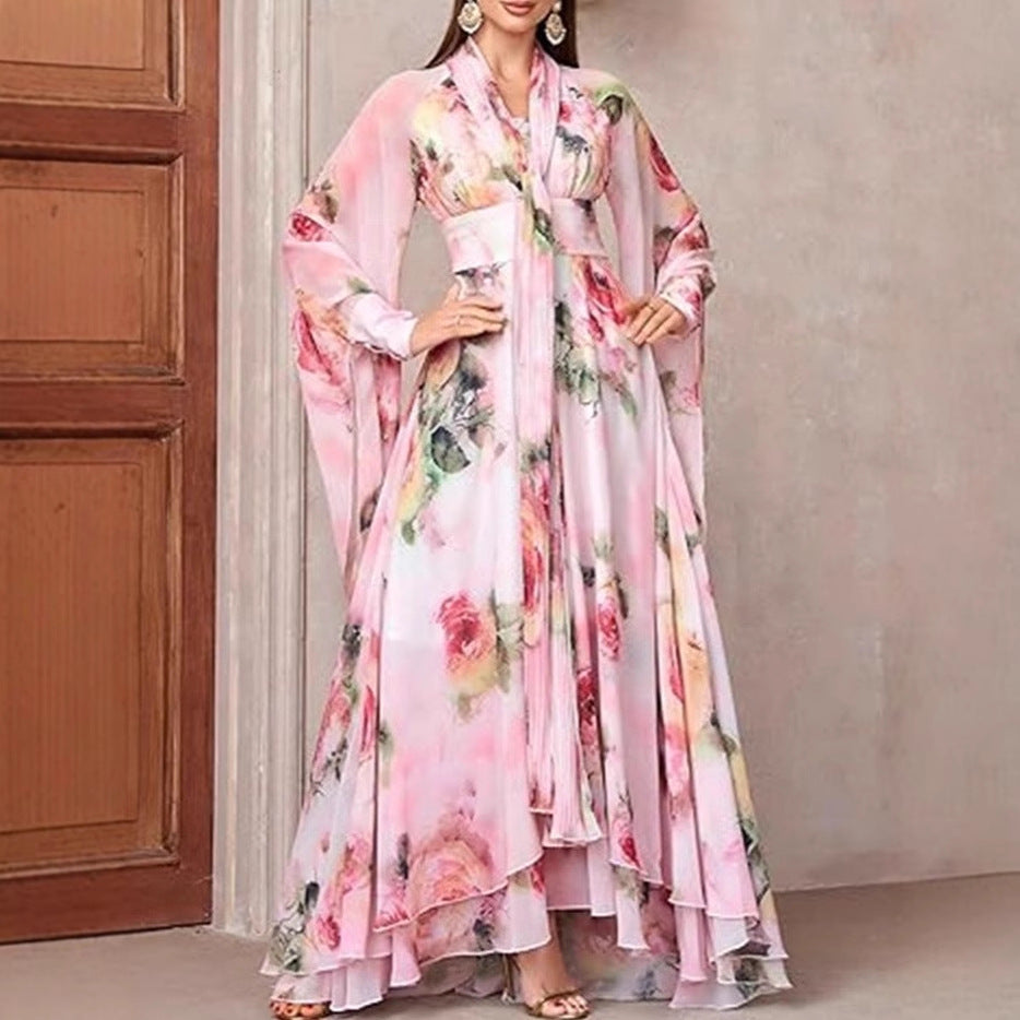 Damen Maxikleid mit eleganten Volants und floralem Design Drune