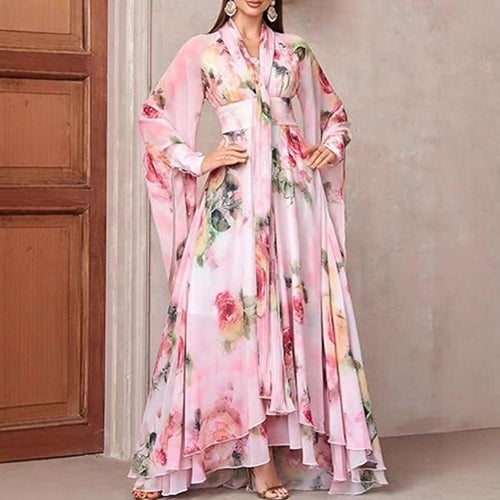 Damen Maxikleid mit eleganten Volants und floralem Design Drune