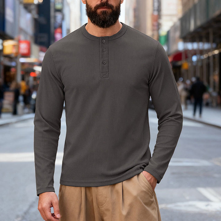 Herren nan Thermo-Henley-Langarmshirt mit Waffelstruktur, Rundhalsausschnitt und Knopfleiste Drune